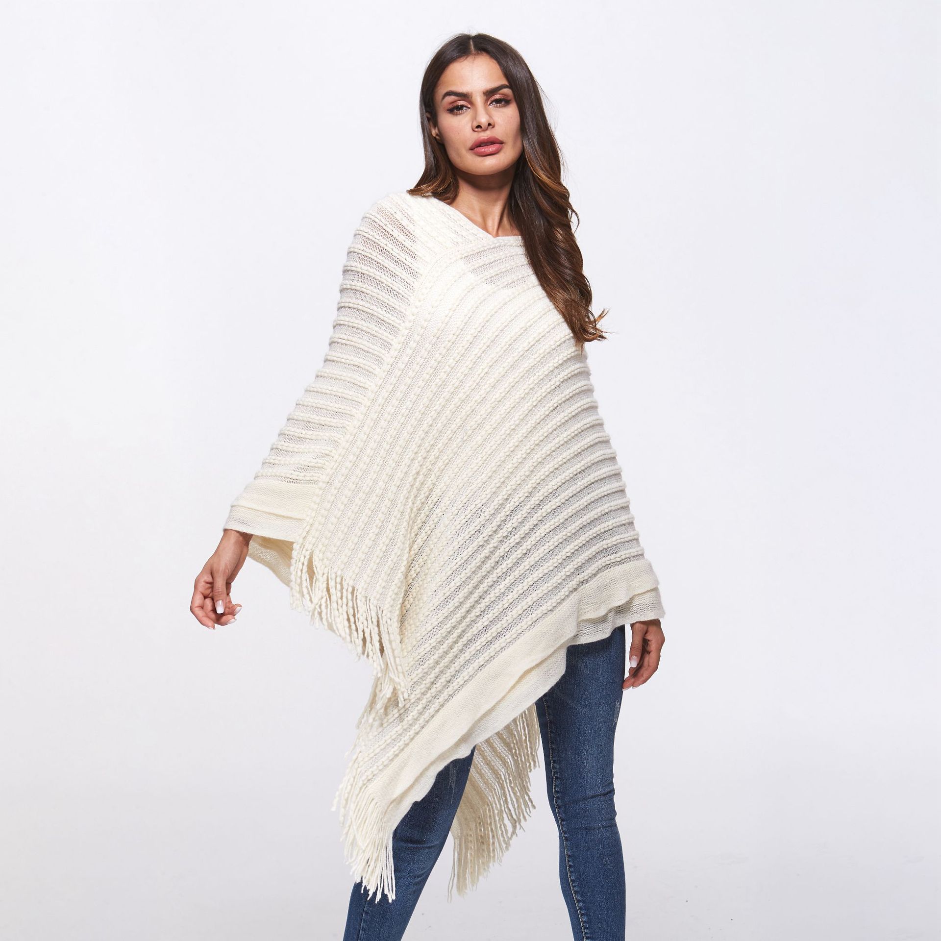 SZ60183-1 Loose Style Tassels Knit Irregular Cloak Sweater